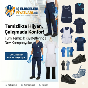 Collage showing workwear and PPE: left side logo and Turkish text, center a worker in navy scrubs, right side various navy aprons, uniforms, gloves and cleaning gear for sale.