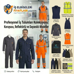Promotional collage showing professional workwear: orange reflective coverall in center, navy coveralls, and various safety vests on the right.