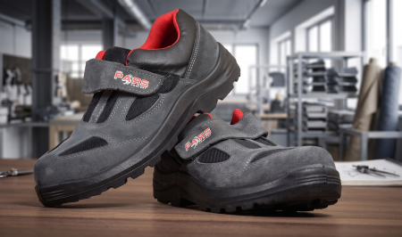 Close-up of gray safety sneakers with red inner lining resting on a wooden table in a busy workshop/studio.