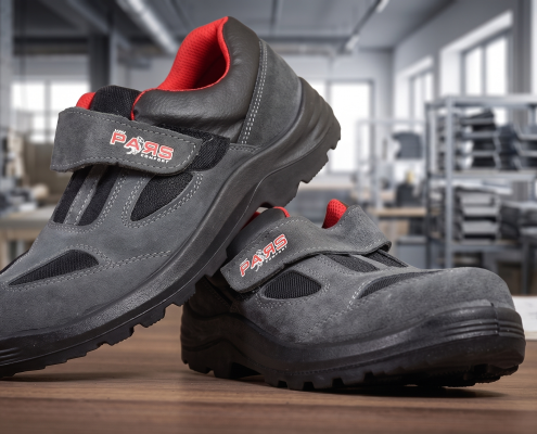 Close-up of gray safety sneakers with red inner lining resting on a wooden table in a busy workshop/studio.
