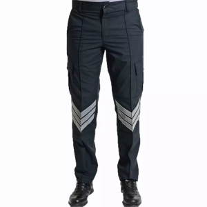 Black cargo pants with reflective chevron stripes on the lower legs, paired with black boots