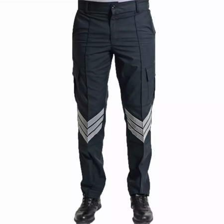 Black cargo pants with reflective chevron stripes on the lower legs, paired with black boots