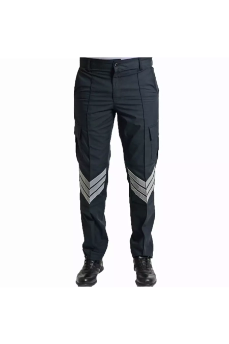 Black cargo pants with reflective chevron stripes on the lower legs, paired with black boots