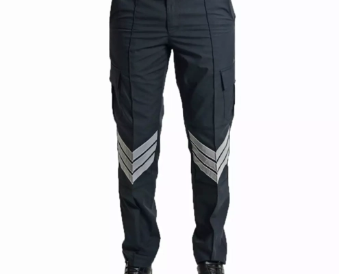Black cargo pants with reflective chevron stripes on the lower legs, paired with black boots