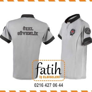 Gray polo-style security uniform shirt with black collar and cuffs, 'Özel Güvenlik' printed on the back and an emblem on the chest.