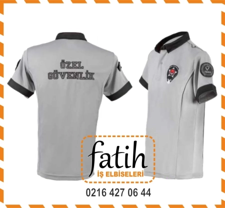 Gray polo-style security uniform shirt with black collar and cuffs, 'Özel Güvenlik' printed on the back and an emblem on the chest.