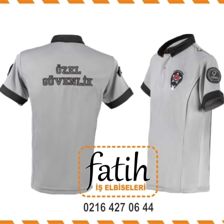 Gray polo-style security uniform shirt with black collar and cuffs, 'Özel Güvenlik' printed on the back and an emblem on the chest.
