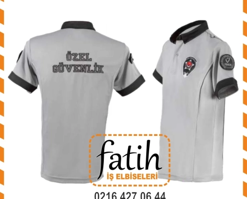 Gray polo-style security uniform shirt with black collar and cuffs, 'Özel Güvenlik' printed on the back and an emblem on the chest.